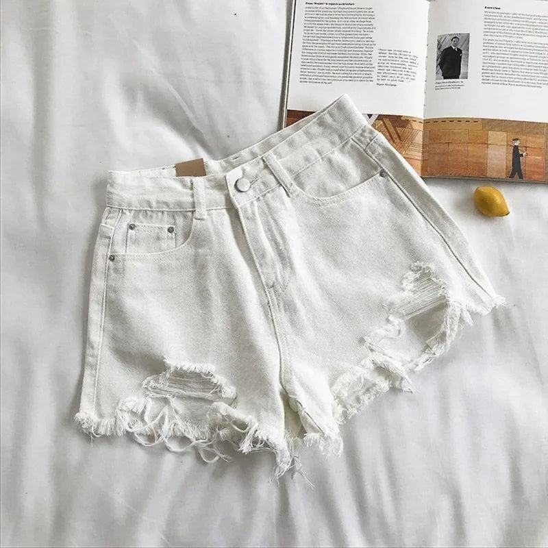 Korean Denim Shorts Women Summer Fashion Casual High Waist Ripped Jeans Pocket Tassel Hot Pants Streetwear Blue Trousers