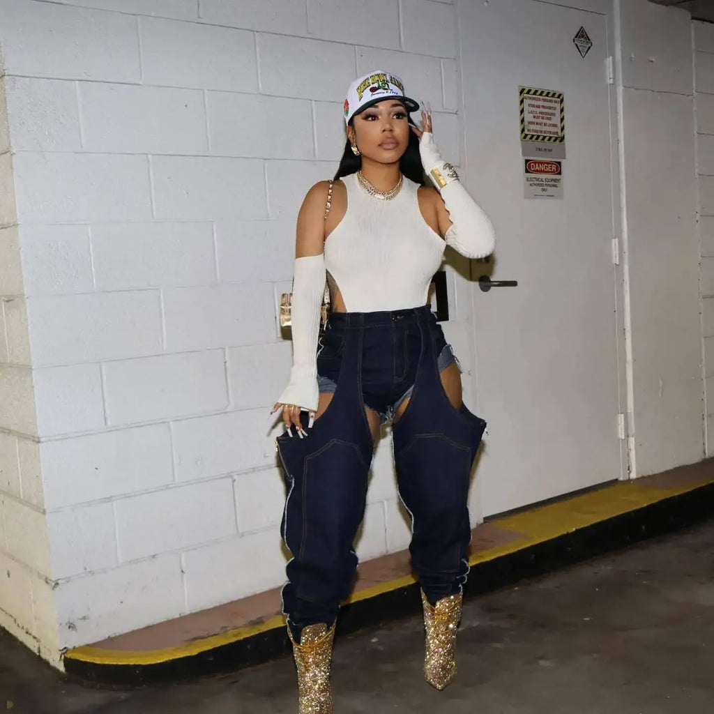 Mom Jeans Straight Pants Women Hollow Out Zipper High Strecth Pockets Irregular Denim Vintage Y2k 2025 Trousers Streetwear