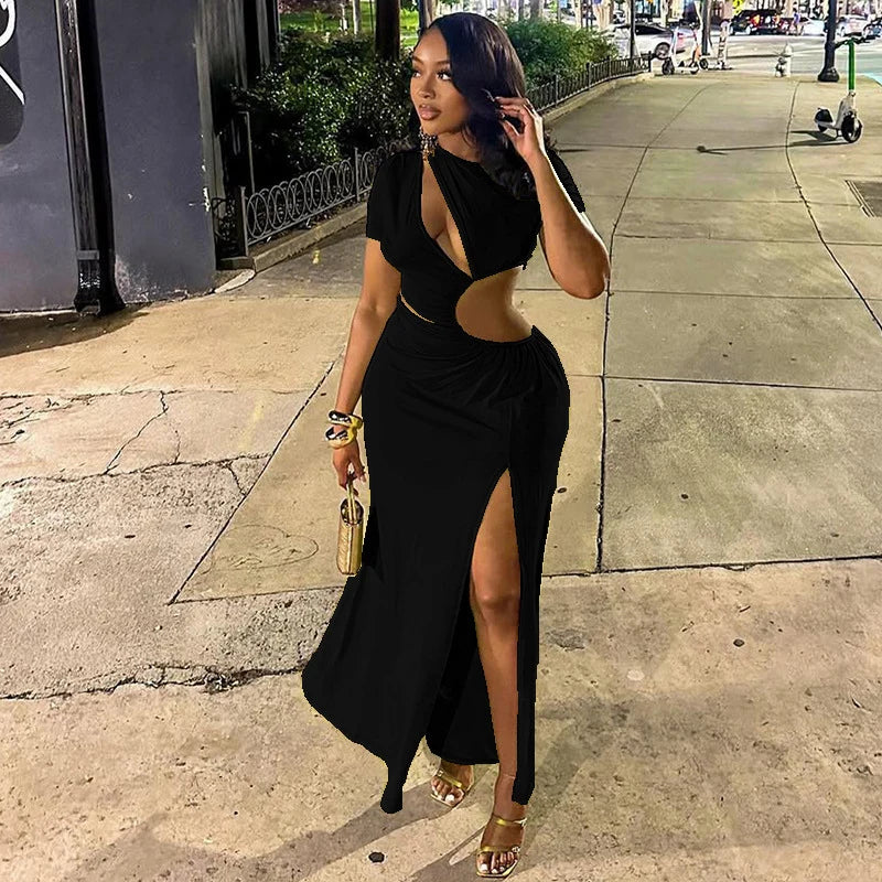 Sexy Hollow Out Ruched Split Bodycon Maxi Dress Women Short Sleeve O-neck Holiday Vacation Nitht Club Party Long Dresses Vestido