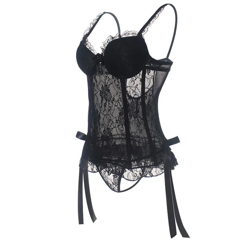 Meet'r Women Sexy Lace Corset Elasticity Temptation Body Bustier Underwear Push Up Slim Garter Belts Suit Breathable Lingerie