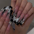 24pcs Pink French Fake Nails with Rhinestone Pearl Design Long Square Press on Nails Art Wearable Coffin False Nail Set Finished
