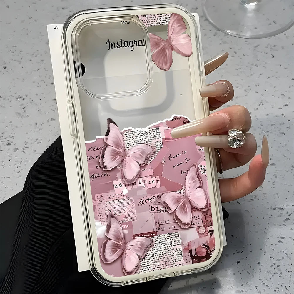 Pink Butterfly Collage Pattern Clear Phone Case For iPhone 11 12 13 14 15 16 17 Pro Max Air Plus 2 in 1 Candy Color Soft Cover