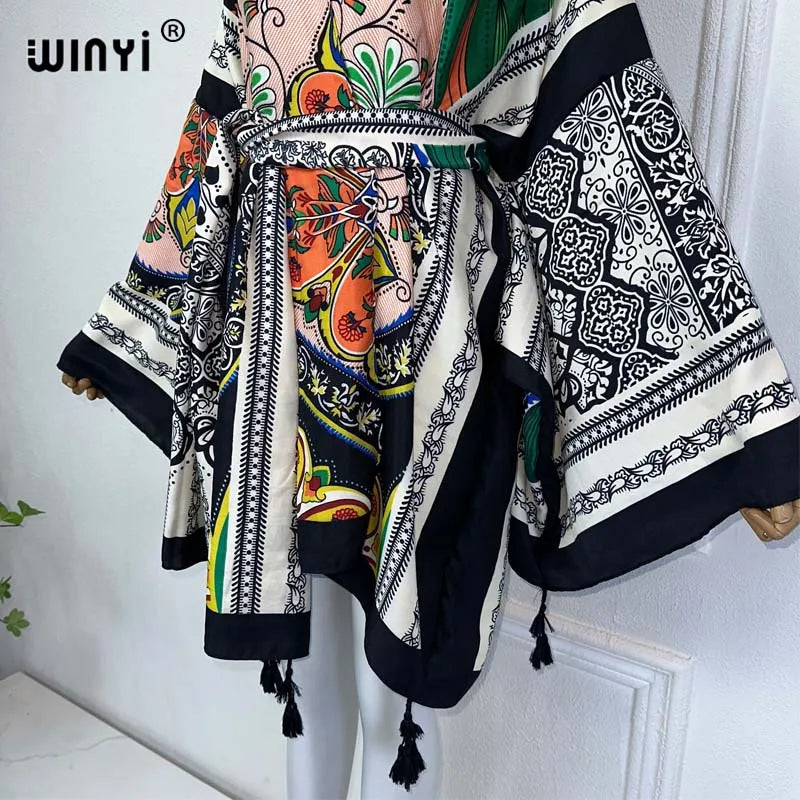 WINYI summer 2024 print Middle east kimono beach cover up dress elegant African women Cardigan Holiday maxi abaya فساتين طويلة