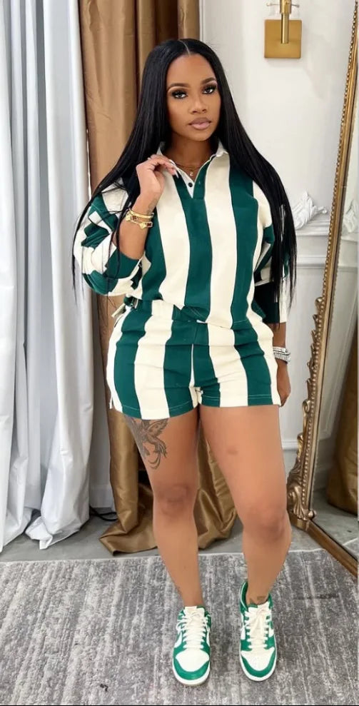 Shorts Pant Set Women Two Piece Sets Short Sleeve Matching Sets Striped Top High Waist Pants Suit Casual Y2k Streetwear Jogger