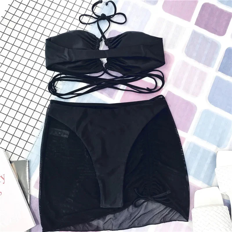 3 Pieces Cross Halter Bikinis Set 2025 Skirt Swimwear Women High Waist Drawstring Bandage Swimsuit Summer Biquini