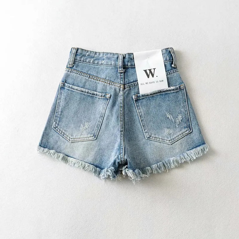 High Waist Tassel Frayed Distressed Denim Shorts Women's Fashion Summer  Slimming Effect Straight Leg Short Pants