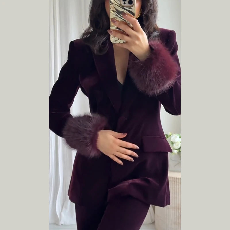 Elegant Feathers Women Blazer Pants Suit Lapel Button Coat Straight Wide Leg Trousers Lady Set 2026 Spring Female Outfits