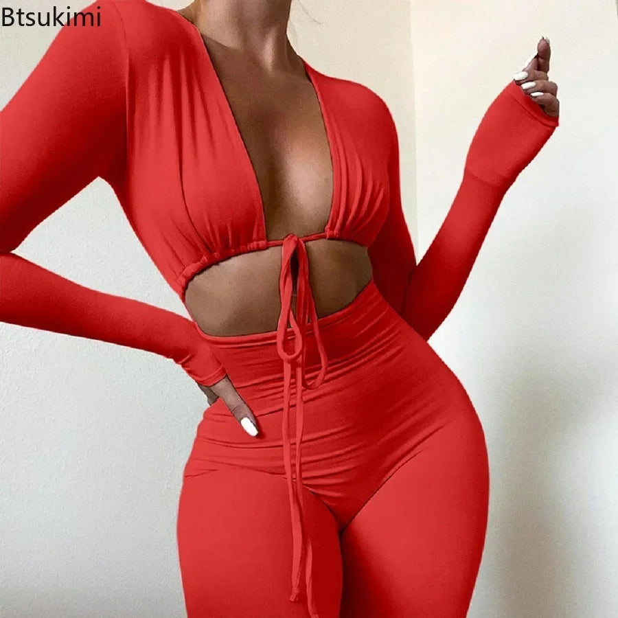 Summer Y2K Streetwear Women's Sexy Hollow Out Jumpsuits Bandage Tie Long Sleeve Bodycon Playsuits Women Clothes Gothic Rompers