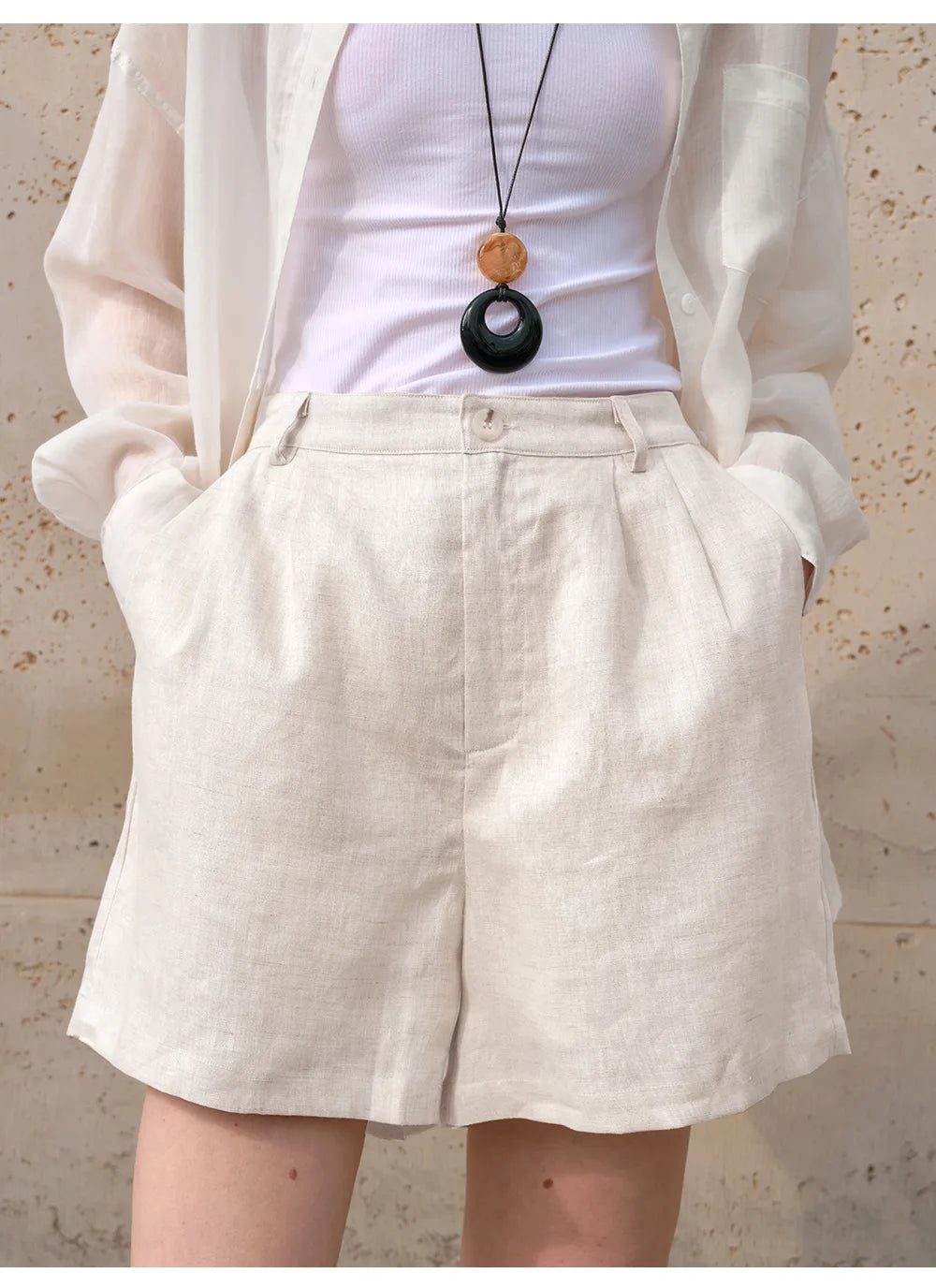 Retro 100% Linen Short Pants Women High Wasit Casual Harajuku Fashion Streetwear White Color Summer Office Lady Female Shorts