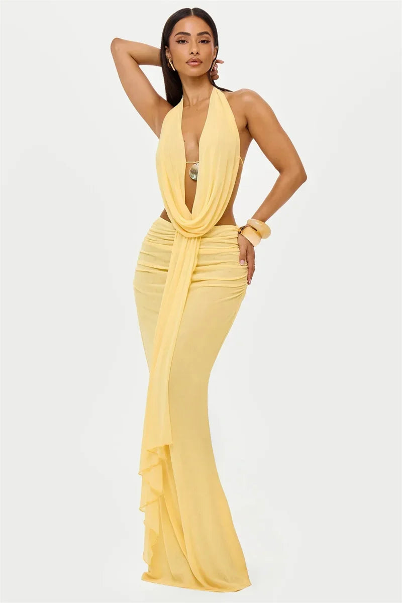Sexy Dress Set Women Halter Crop Top And Maxi Skirt Matching Sets Female Elegant Beach Club Party Skirt Two Piece Set