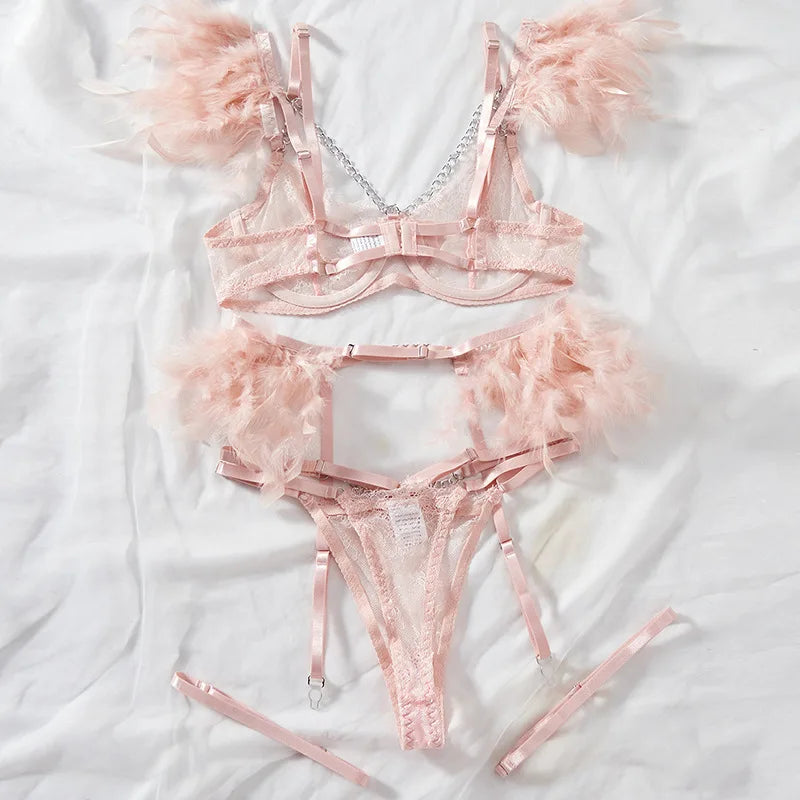 Sexy Lace Lingerie Set with Feather Women's Chain Perspective Underwear Garters Exotic Apparel Suit Female Solid Transparent Bra