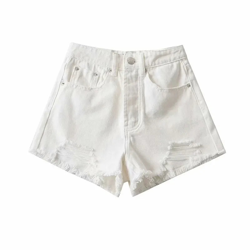 High Waist Tassel Frayed Distressed Denim Shorts Women's Fashion Summer  Slimming Effect Straight Leg Short Pants