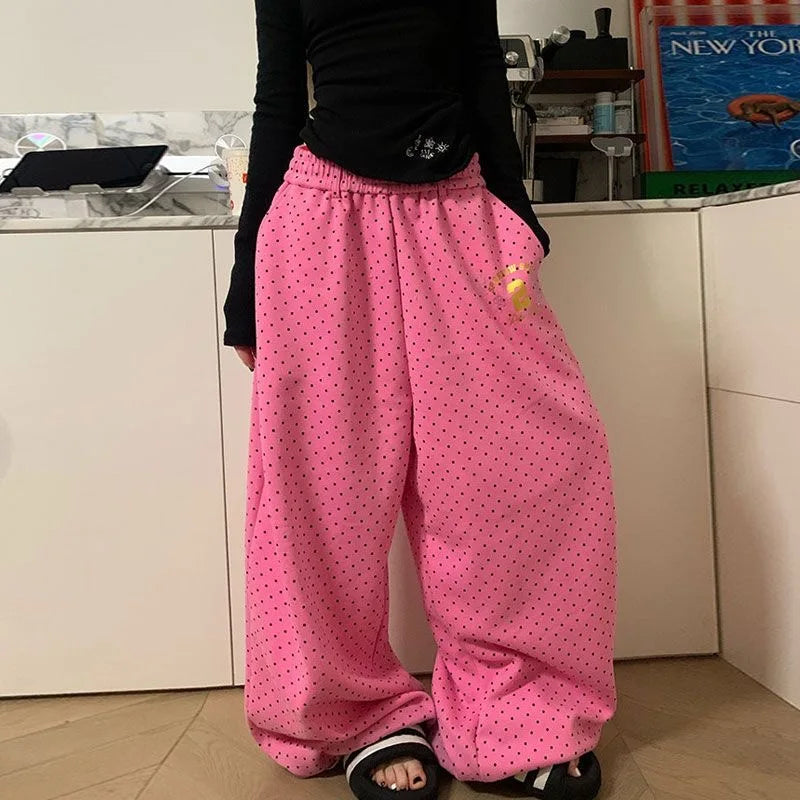 New Y2K American Jogging Elastic Waist Floor Length Pants Retro Bronzing Pink Sweatpants Polka Dotsoversized Loose Casual Pants