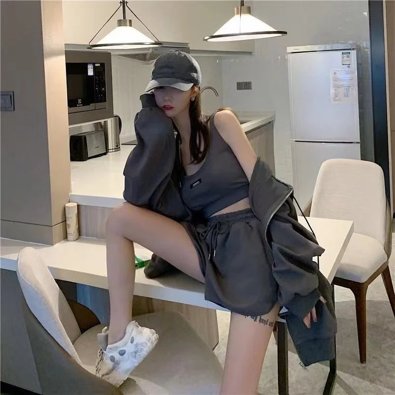 Shorts Three 3 Piece Sets Women Casual Vest Drawstring Short Hooded Zipper Jacket Sportswear Suits Y2k Streetwear Sports Hoodies