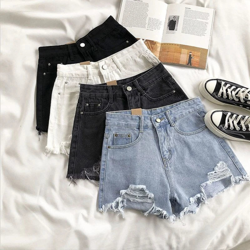 Korean Denim Shorts Women Summer Fashion Casual High Waist Ripped Jeans Pocket Tassel Hot Pants Streetwear Blue Trousers