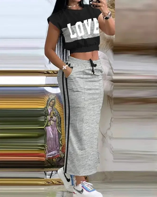 2025 Summer Two Piece Sets Women Outifit Fashion Print Colorblock O-Neck Short Sleeve Crop Top & Casual Striped Pocket Skirt Set