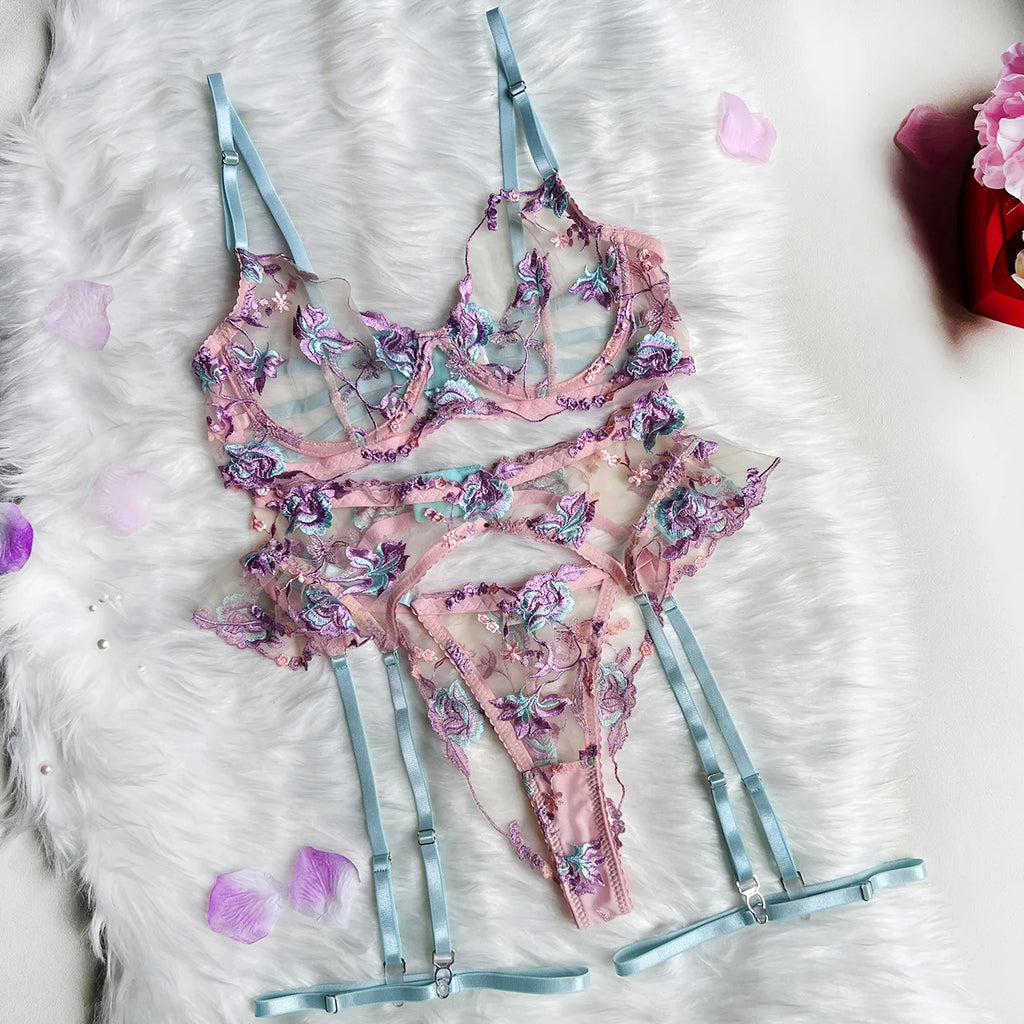 Diccvicc Embroidery Floral Lingerie See Through Sexy Lace Women Underwear Bra Thong Set Fancy Garter Intimate Kit Exotic Outfit