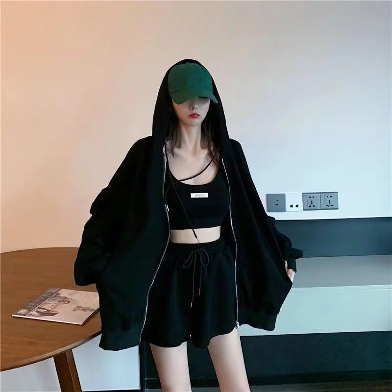 Shorts Three 3 Piece Sets Women Casual Vest Drawstring Short Hooded Zipper Jacket Sportswear Suits Y2k Streetwear Sports Hoodies