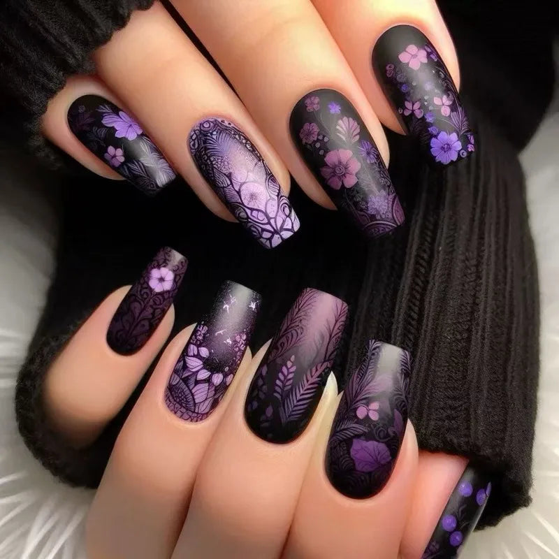 24PCS Dark Luxury Purple Floral Press on Nails with Square European Hand Painted Vintage Cherry Blossoms Artistic False Nails 네일