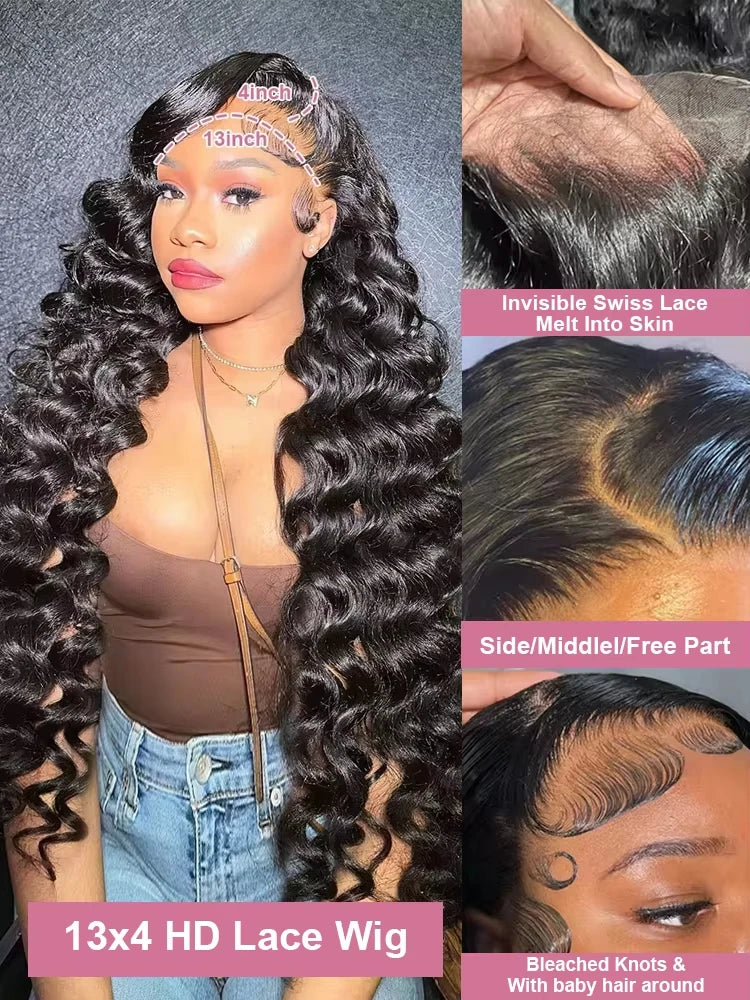Lakeisha High Density Loose Wave HD 13x6 Lace Front Wigs Human Hair Black Raw Brazilian Deep Curly 40 Inch 13x4 Lace Frontal Wig