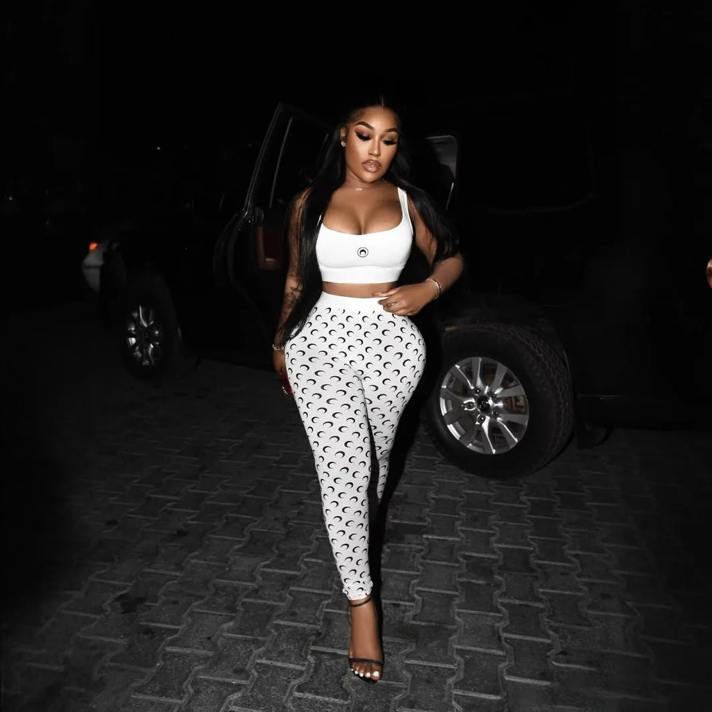 Y2K Two Piece Set Women Sexy Slim Fit Vest and Pants High Street Retro Crescent Print Matching Set