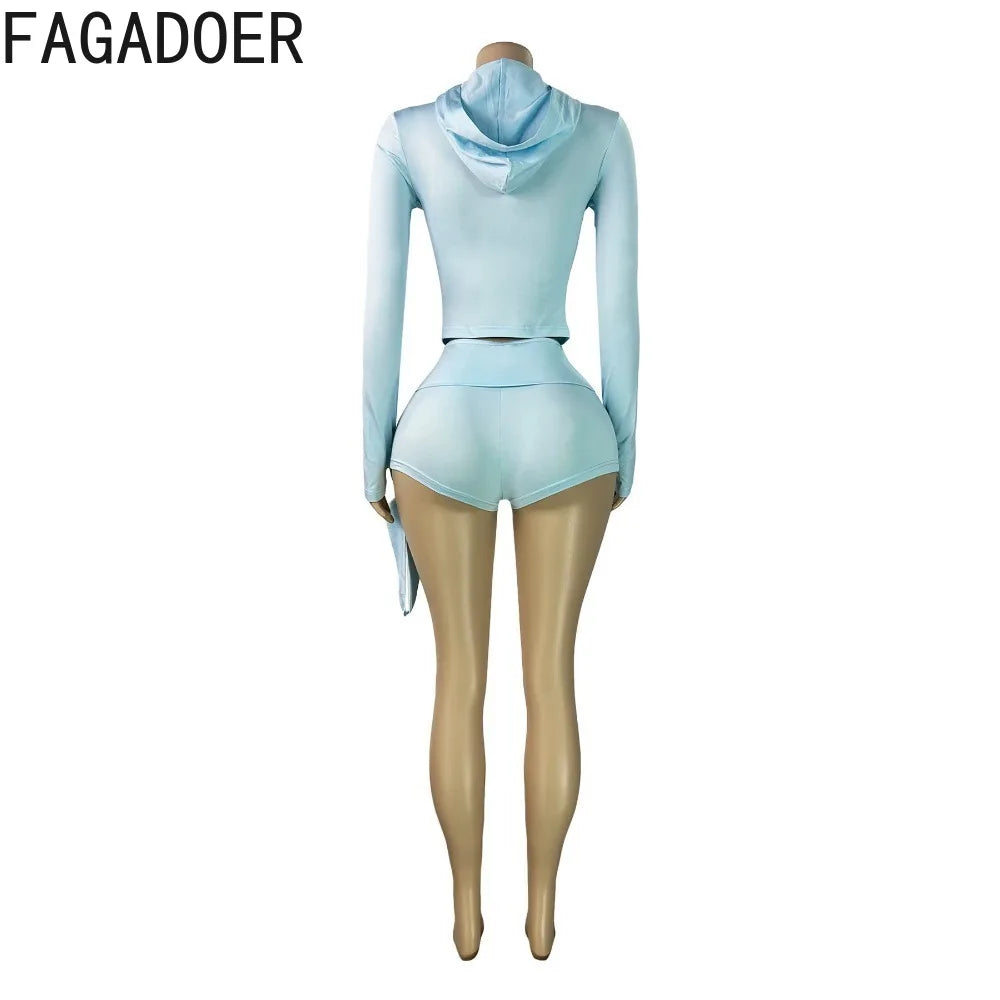 FAGADOER Casual Shorts 3 Piece Sets Women Hooded Zipper Crop Top + Headband + Bodycon Shorts Outfits Summer Fashion Sports Suits