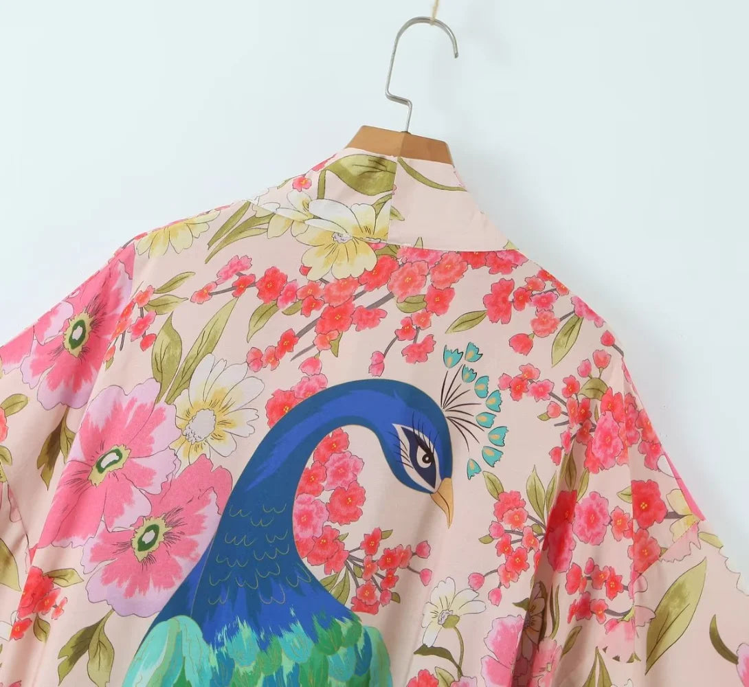 Happie Queens Women Peacock Floral Print Bat Sleeve Beach Bohemian Kimono Robe Ladies V Neck Summer Bikini Boho Cover-ups