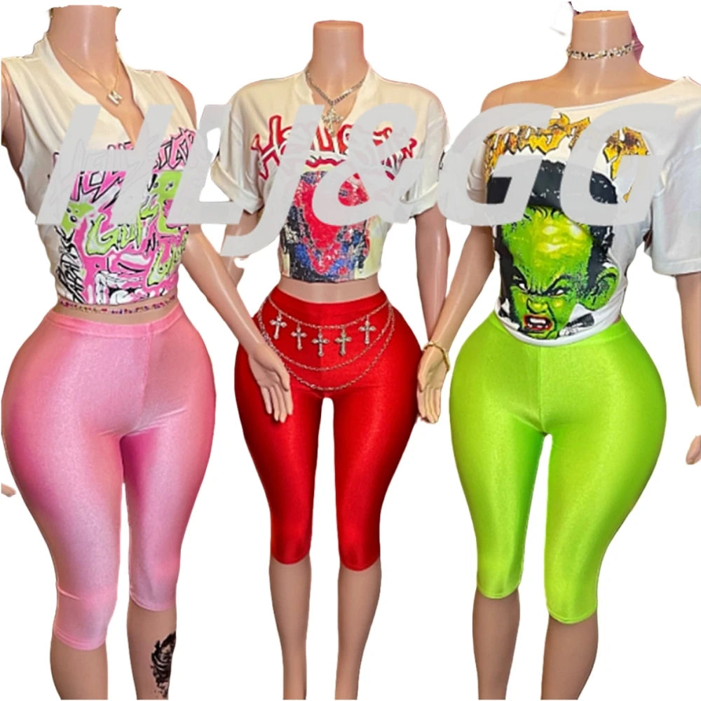 HLJ Trend American Retro Print Tshirts Two Piece Sets Women O Neck Short Sleeve Loose Top+Skinny Pants Outfit Fashion Streetwear