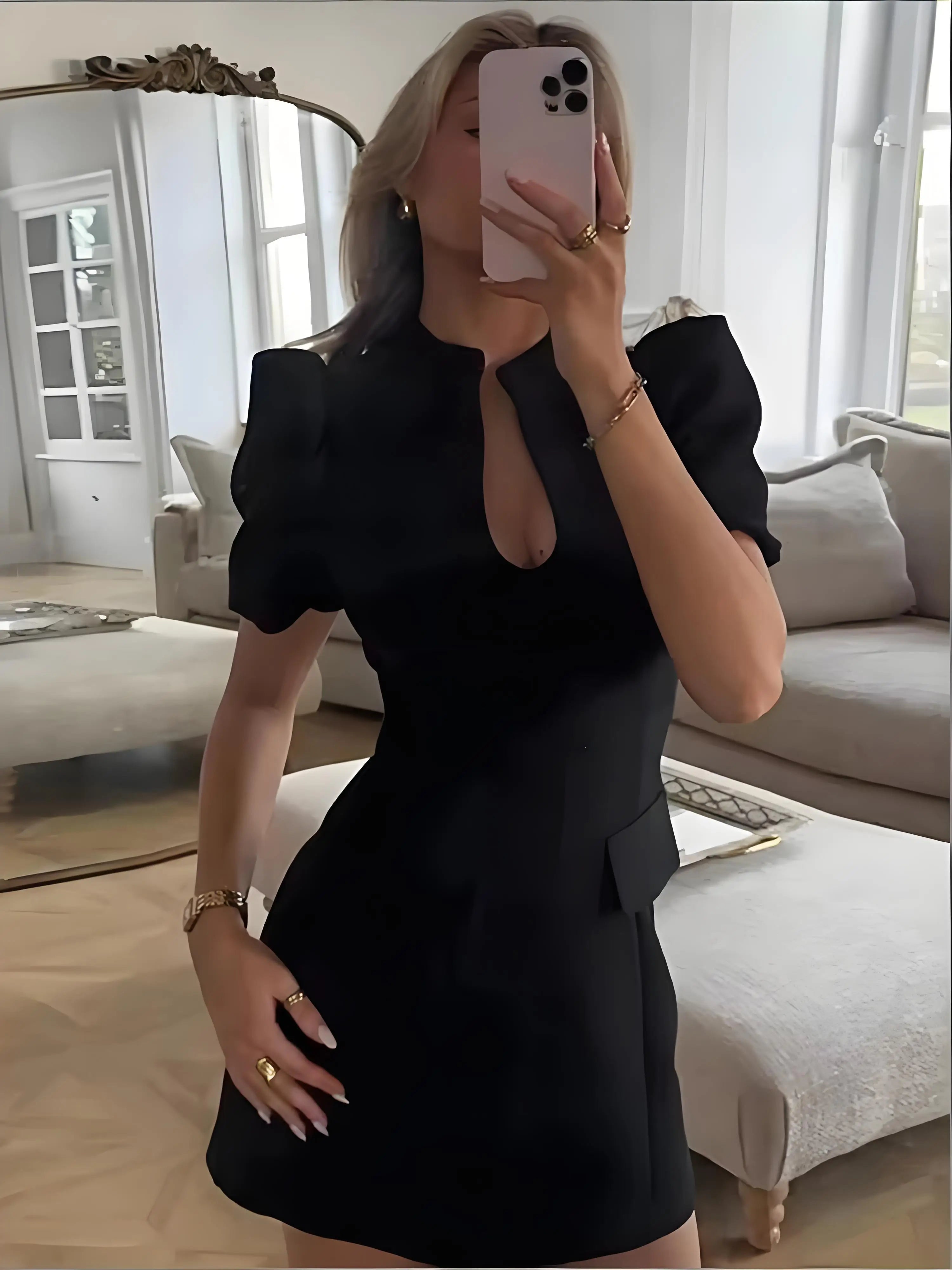 Women Elegant Chic Puff Sleeve Mini Dress Summer New Female O-Neck Hollow-Out Zipper Short Dress Fashion Lady Party Date Dress