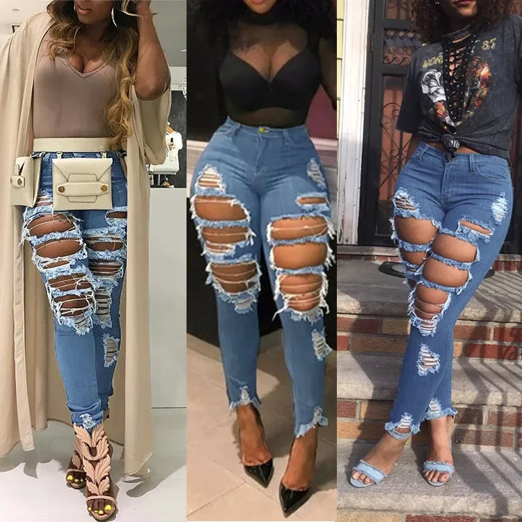 Hole Jeans Women Denim Pencil Pants Streetwear Washed Skinny Stretch High Waist Distressed Ripped Ankle Length Trousers 2025