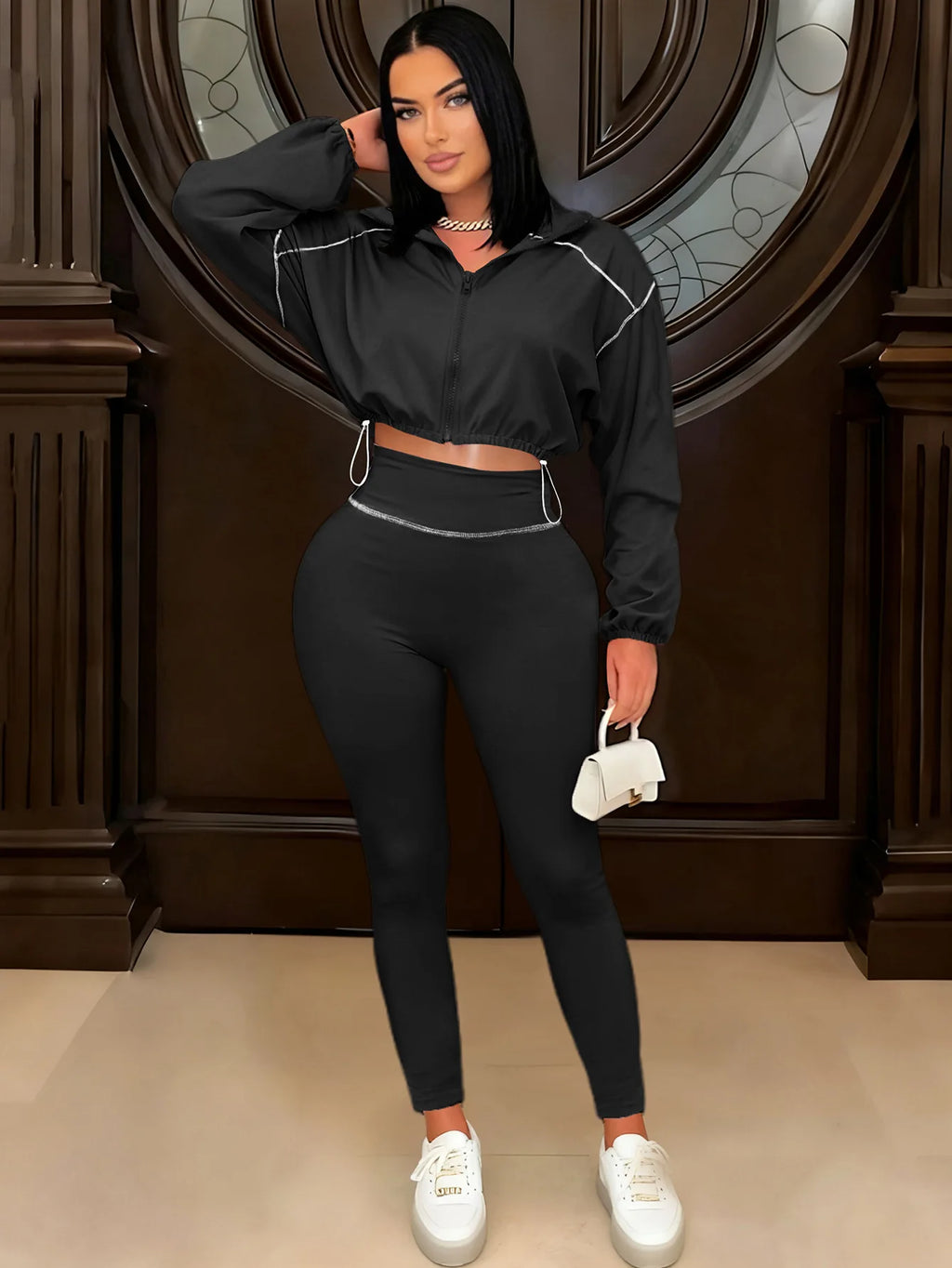 Two Piece Set Women Sexy Club Long Sleeve Paneled Stylish Casual Sport Suit Solid Color Zipper Tracksuits Sweat Suit