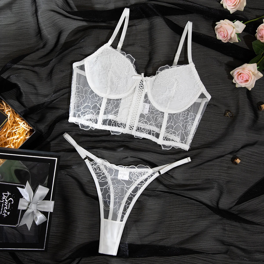 Krasapt White Floral Embroidered Fishbone Bras And Panties Sexy Lingerie Sets Transparent Mesh Patchwork Erotic Underwear Suit