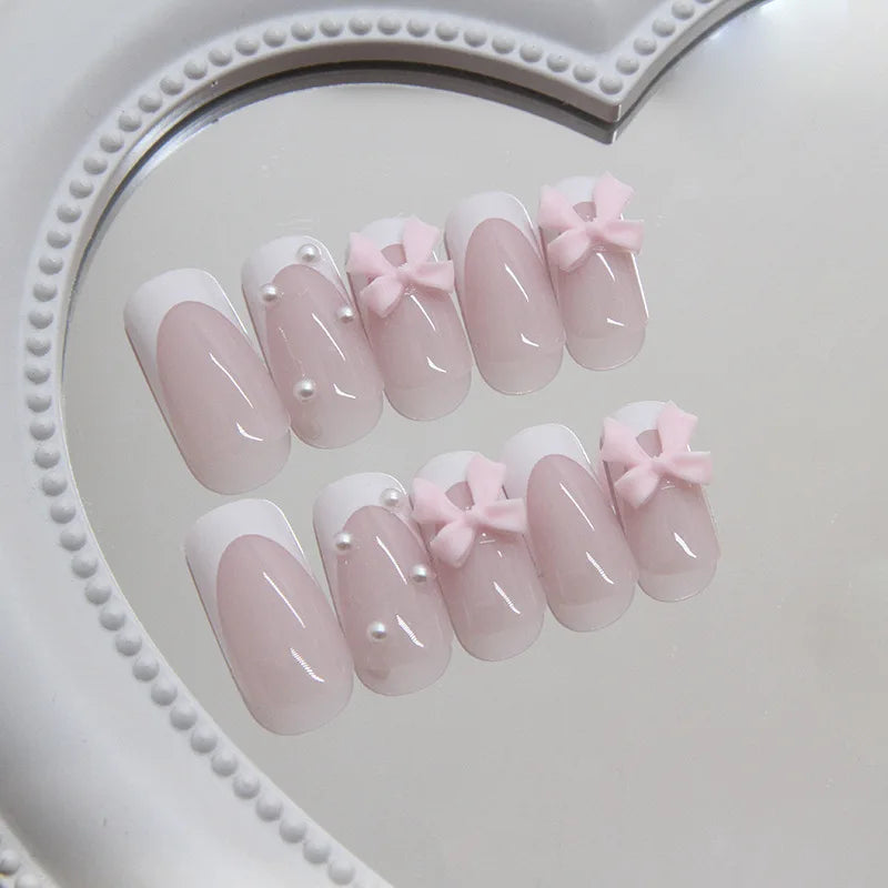 24Pcs Ballet False Nails Long French Press on Nails with Flower Design Wearable Coffin Fake Nail Pink Bow Design Manicure Tips