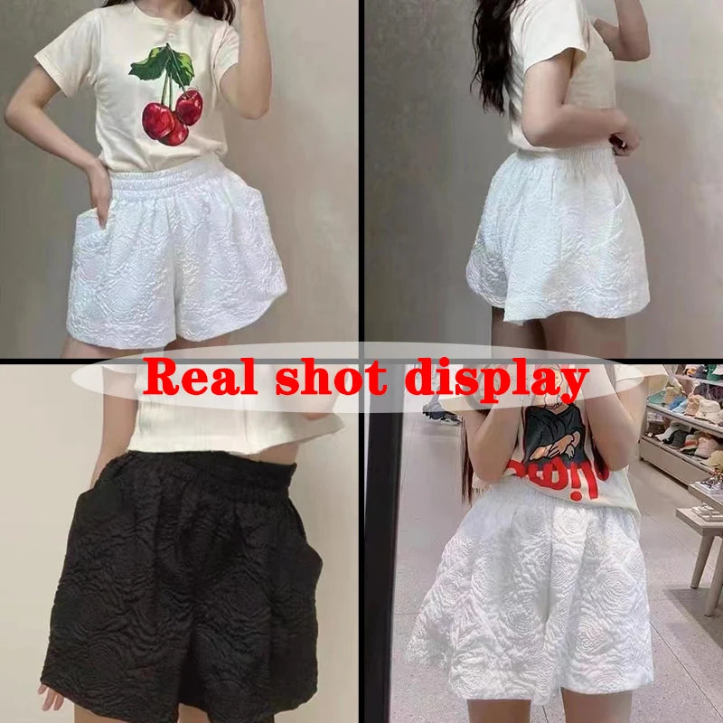 Lucyever Black White Jacquard Shorts Women 2022 Summer Elastic High Waist Pockets Wide Leg Shorts Woman Streetwear Half Pants