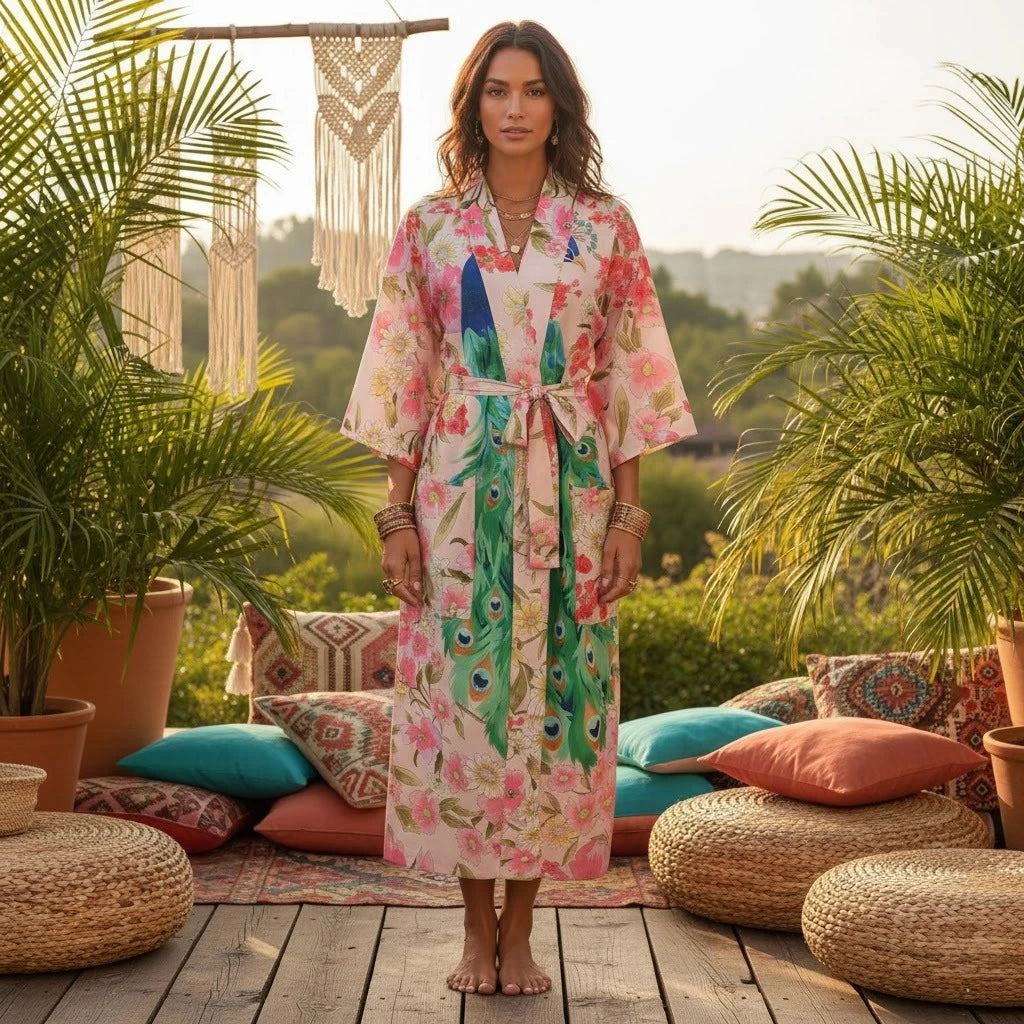 Happie Queens Women Peacock Floral Print Bat Sleeve Beach Bohemian Kimono Robe Ladies V Neck Summer Bikini Boho Cover-ups