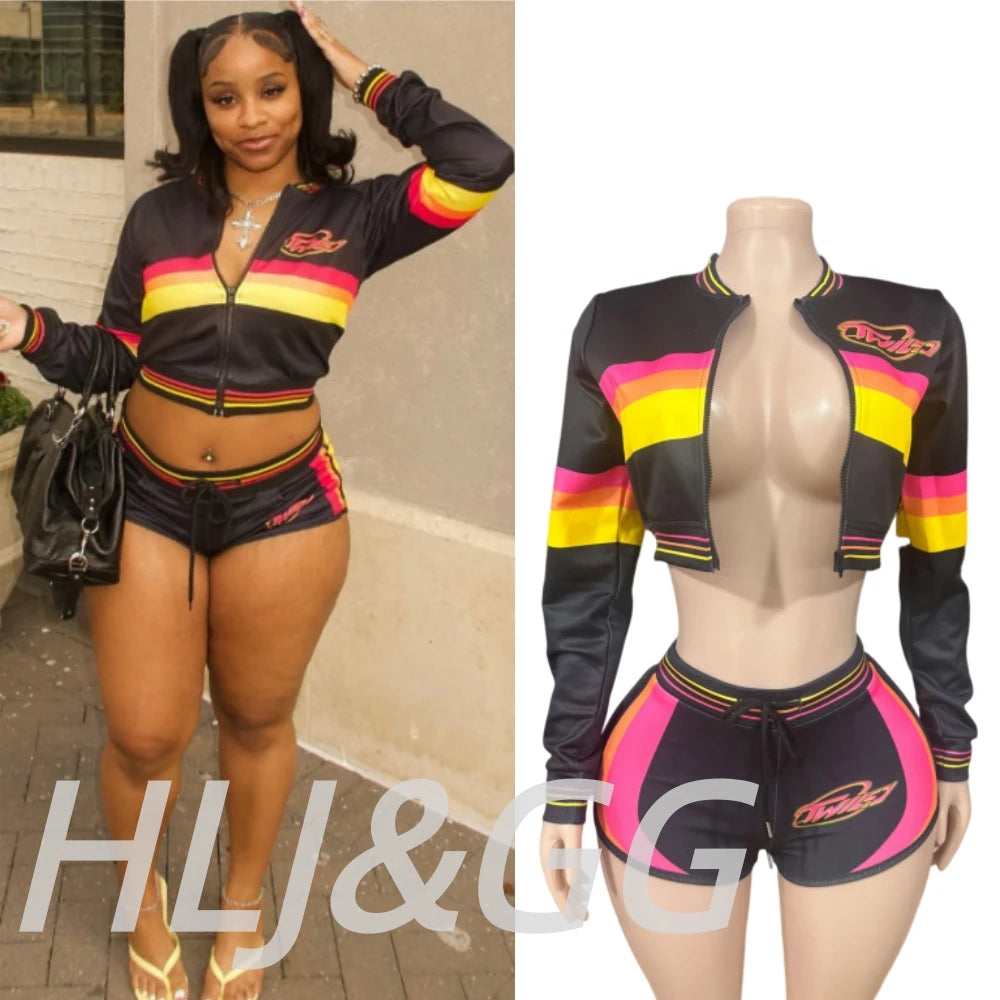 HLJ&GG Fashion Trend Y2K Striped Patchwork Two Piece Sets Women Zip Long Sleeve Crop Top + Shorts Outfits Female 2pcs Streetwear