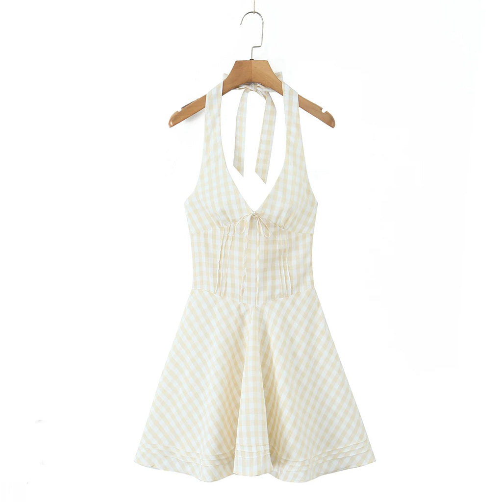 2025 Sexy Plaid Corset Style Bow Halter Sling Dress Women Lacing Up Bandage Back Slim Waist Mini Ball Gown Swing Dresses Robe