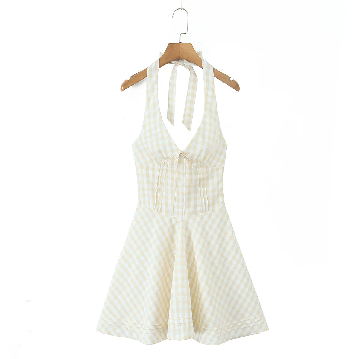 2025 Sexy Plaid Corset Style Bow Halter Sling Dress Women Lacing Up Bandage Back Slim Waist Mini Ball Gown Swing Dresses Robe