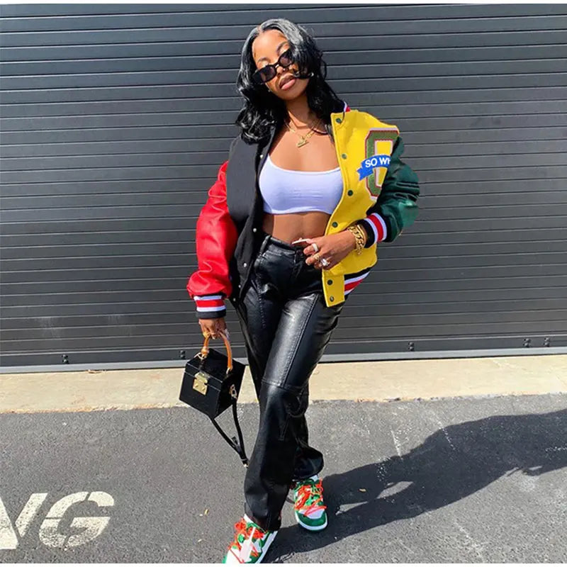 Women Patchwork Contrast Color Letter Embroidery Jackets 2025 Fashion Single Breasted Coat Female Full Sleeve Streetwear XS-4XL