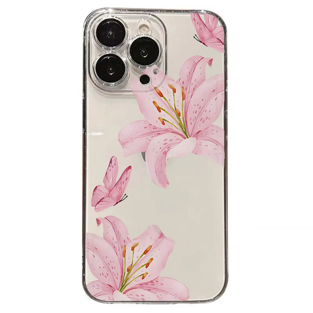 Ins Style Pink Flower Butterfly Phone Case For iPhone 11 12 13 14 15 16 17 Por Xs Max Mini 8 7 6 6s Plus 16e 17e Air Clear Cover
