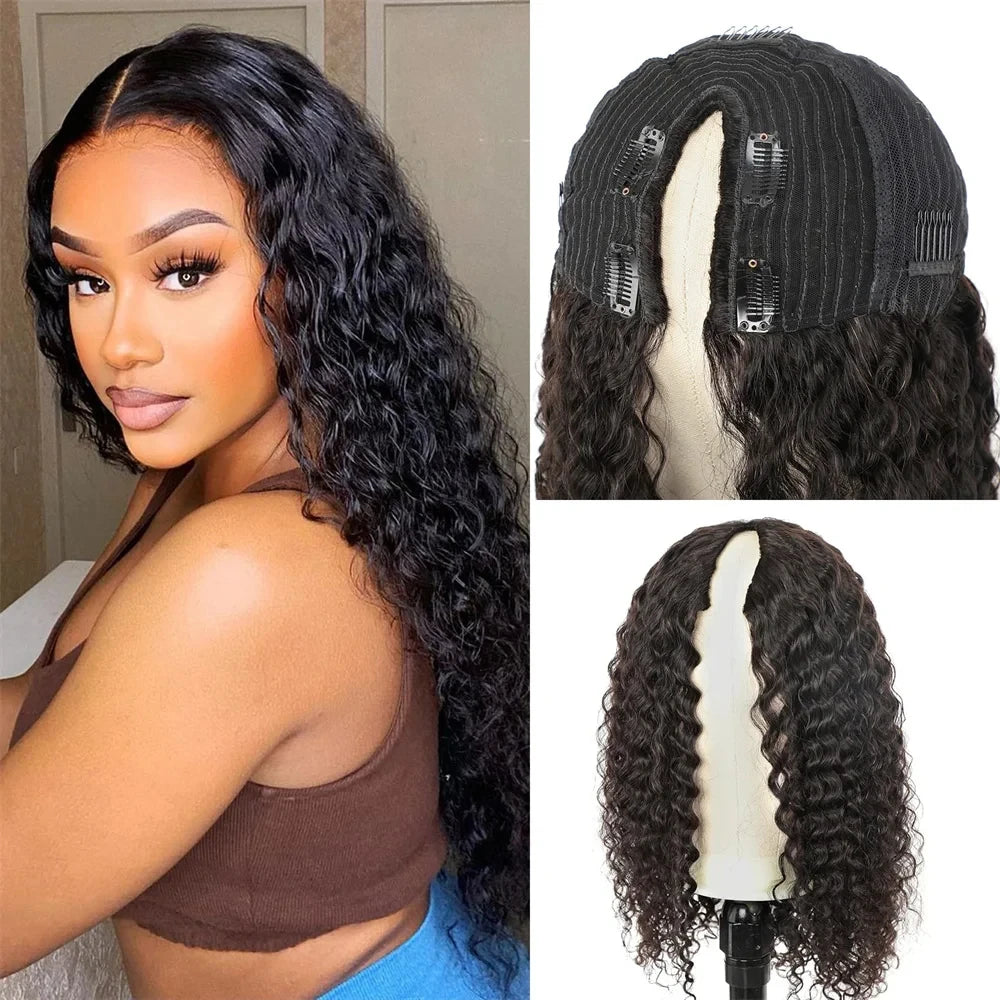 Curly Wigs V Part Human Hair Wigs for Black Women Water Wave Wigs Glueless V Shape Wigs Beginner Friendly In Natural Color