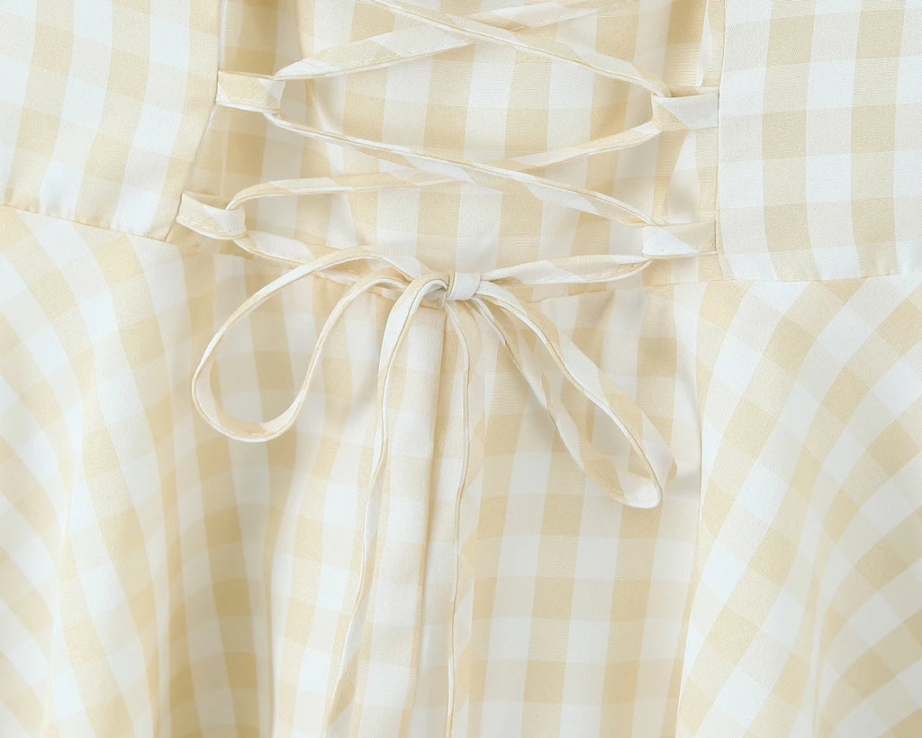 2025 Sexy Plaid Corset Style Bow Halter Sling Dress Women Lacing Up Bandage Back Slim Waist Mini Ball Gown Swing Dresses Robe