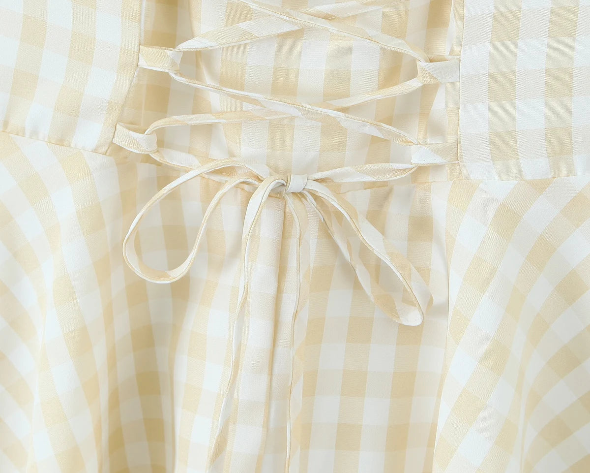 2025 Sexy Plaid Corset Style Bow Halter Sling Dress Women Lacing Up Bandage Back Slim Waist Mini Ball Gown Swing Dresses Robe