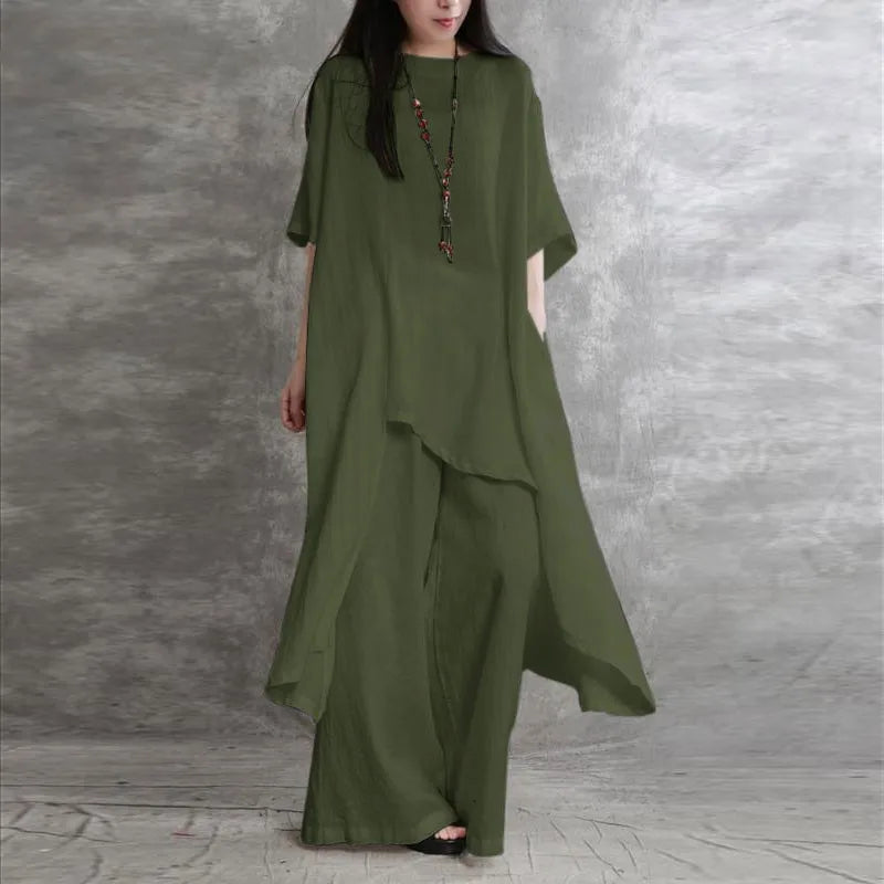 Loose Casual Cotton Linen Two Piece Set Fashion Round Neck Irregular Half Sleeved Extended Top Elastic Waist Wide Leg Pants Set