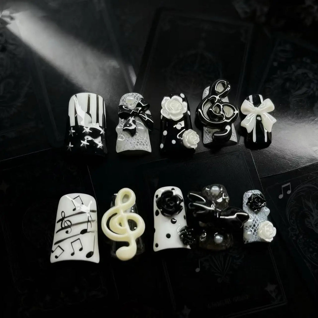 10pcs Handmade Gothic Press on Nails Punk Dark 3D Musical Note Design False Nails Fashion Duckbilled French Fake Nail Tips