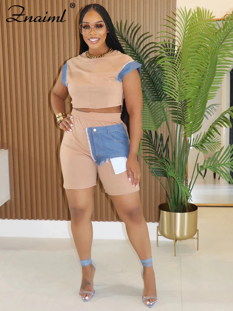 Znaiml O Neck T-Shirts Crop Top and Shorts 2 Piece Sets Denim Patchwork Outfits Women Fashion Streetwear Summer Sports Suits