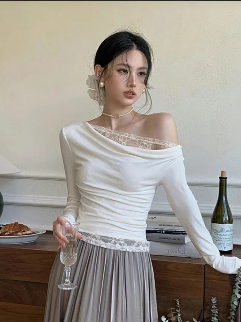 Lace Patchwork Sexy Slash Neck Blouse Slim Solid Long Sleeve Chic Shirt Chic Harajuku Elegant Commuter Office Lady Tops