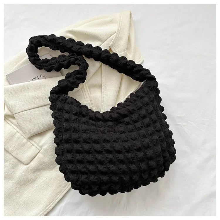 Fashion Pleated Design Shoulder Bag Cute Pleated Bubbles Solid Color Tote Bag Large Capacity Embroidered Satchel Bags Women