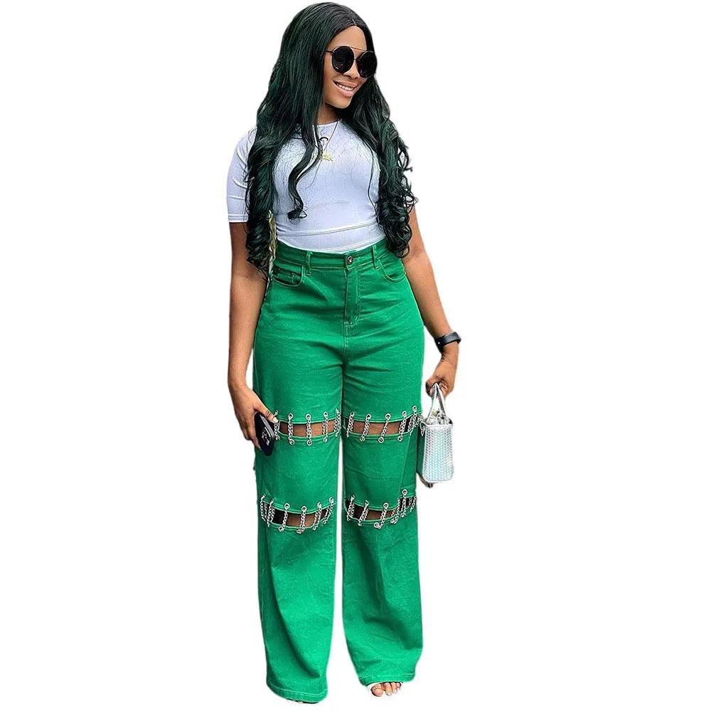 High Waist Green Ripped Chain Decoration Patchwork Wide Leg Denim Pants Women Fashion Casual Personality Trendy Long Trousers