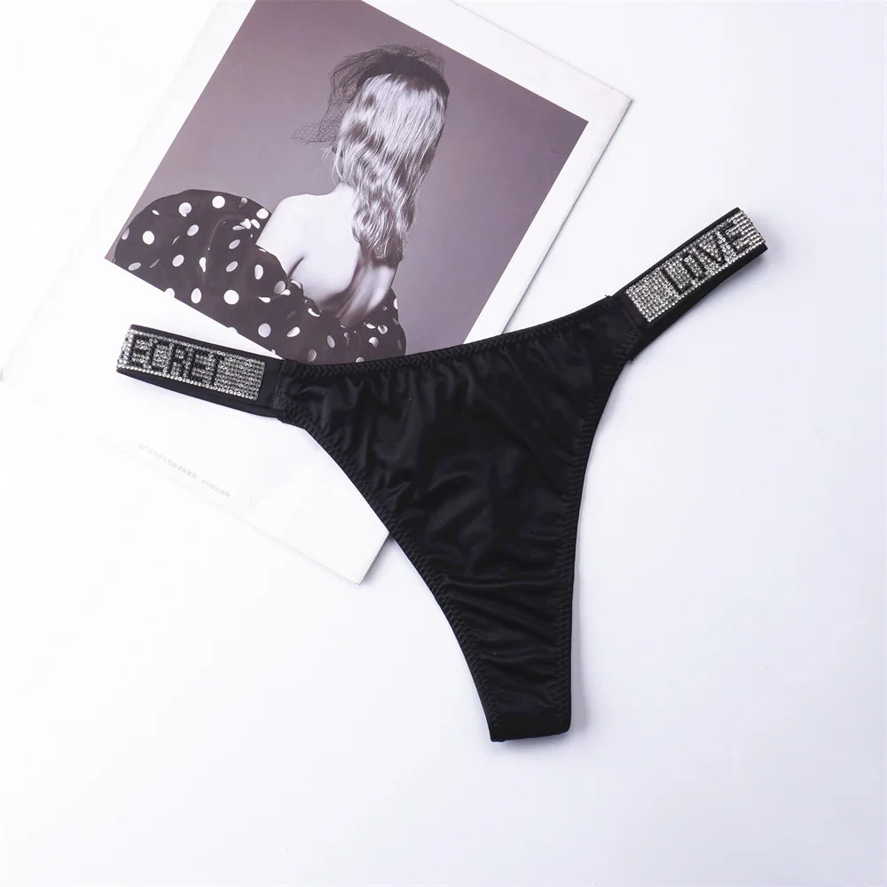 3PCS Sexy Low Waist Rhinestone Waistband Smooth Silk Thong Women Invisible G-string Plus Size S-XL Seamless Lingerie